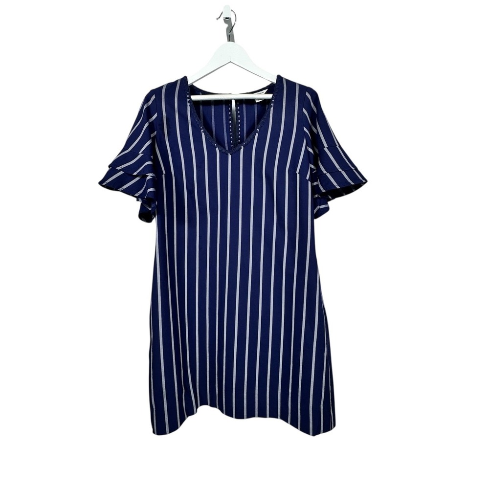 Tommy Bahama Dress M Medium Blue White Vista Stripe V Neck Flutter Sleeve Casual - Picture 1 of 16